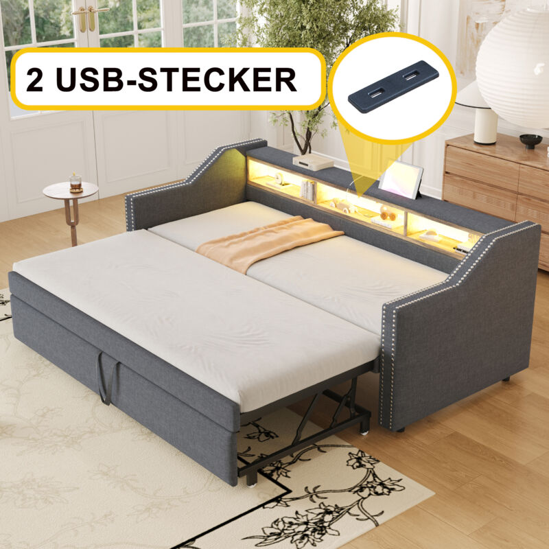 foto del prodotto letti estraibile 90 180 x 190 cm singoli matrimoniale, divano letti per bambini adulti, comodino con vano contenitore, led e usb, lino, senza