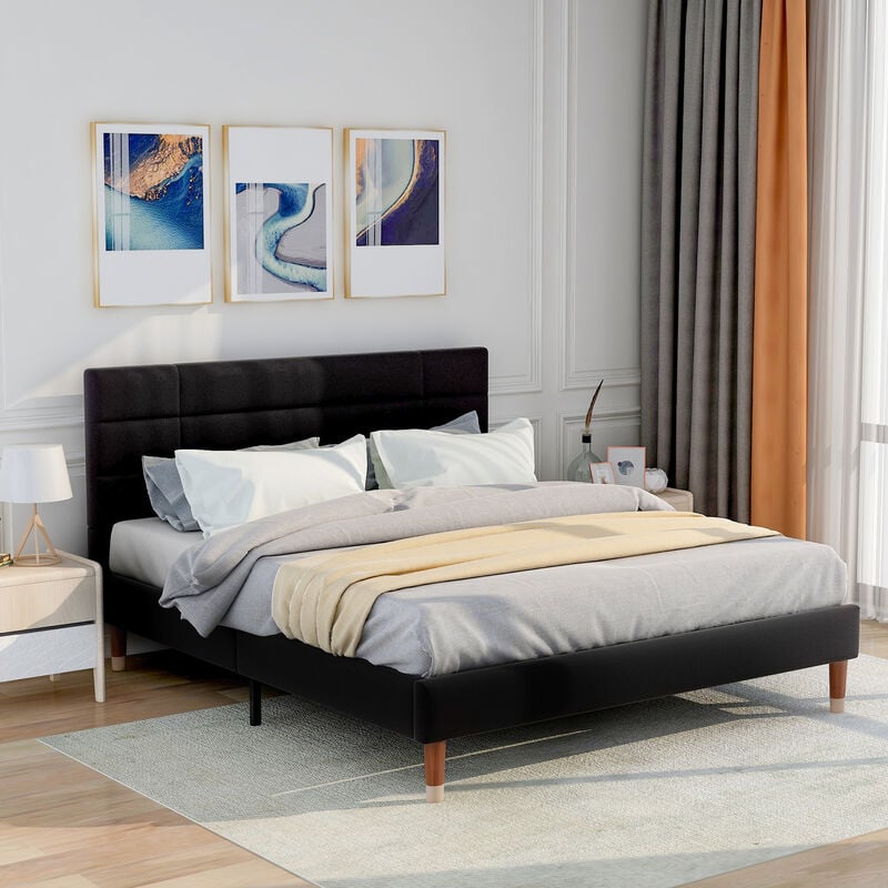 foto del prodotto letti imbottiti 140x200cm, letto matrimoniale in lino, giroletto matrimoniale con rete a doghe, testiera imbottita, letto senza materasso, nero