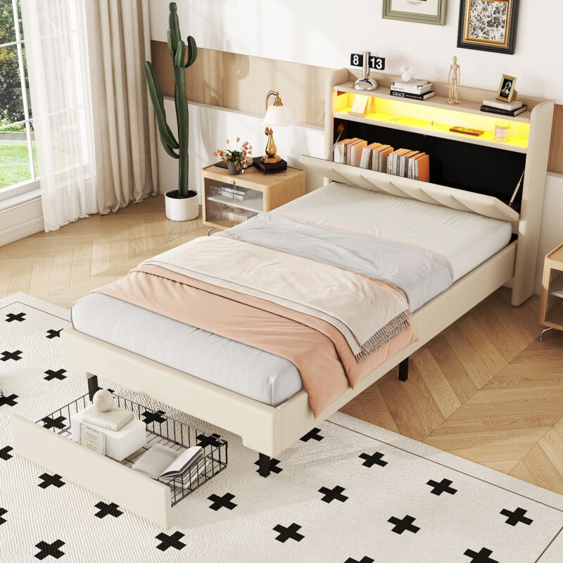 foto del prodotto letti imbottito per adulti 90x200cm, letti con cassetti, led, usb, testiera pieghevole con contenitore, letti singolo, beige senza materasso
