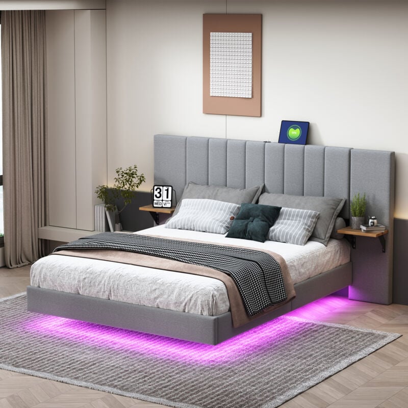 foto del prodotto letti matrimoniale per adulti 140x200cm con testiera e schienale allungati, con ripiano, senza materasso, usb e led, lino, grigio