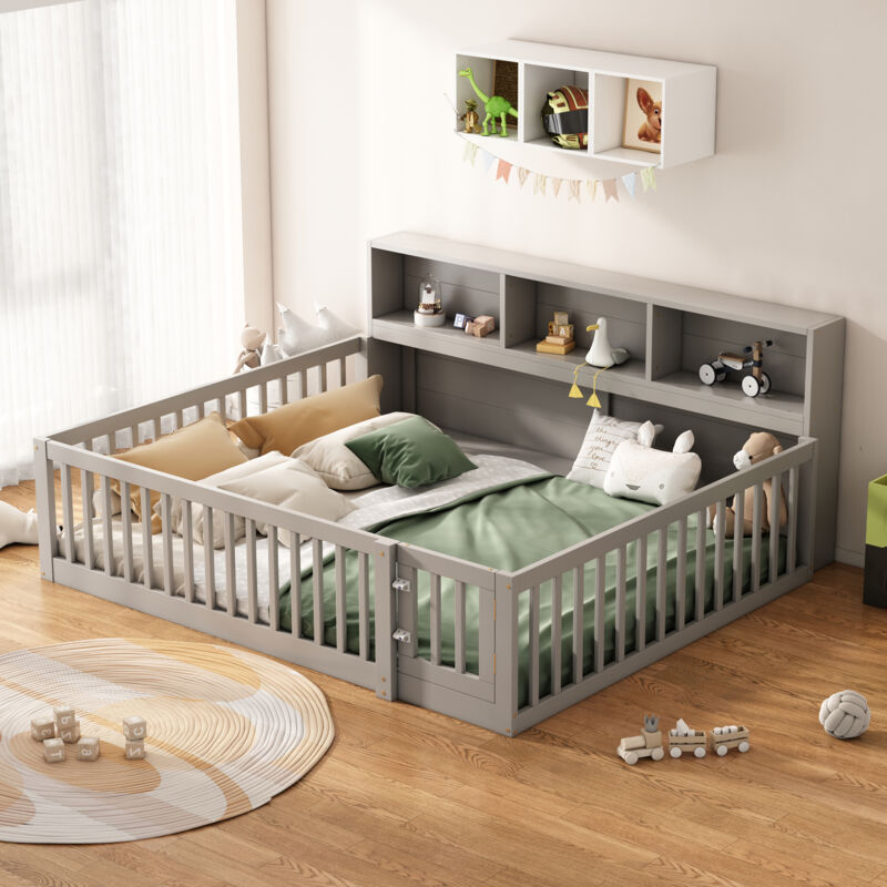 foto del prodotto letti matrimoniale per adulti bambini, divani letti 140x200 cm con vano contenitore, rete a doghe, pino, senza materasso, grigio