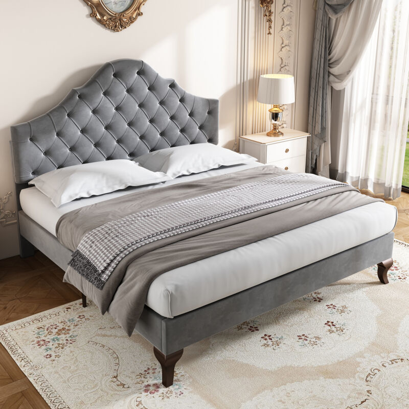 foto del prodotto letti matrimoniale per adulti in velluto140x200cm, testiera regolabile in altezza, senza materasso, grigio