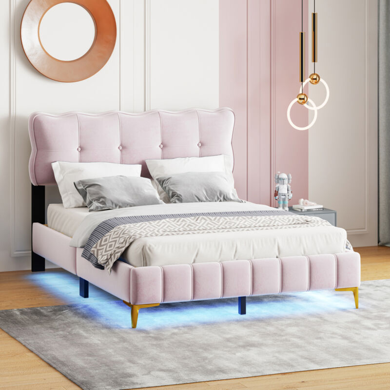 foto del prodotto letti matrimoniale per bambini 140x200 cm, rete a doghe, led, velluto, senza materasso, rosa