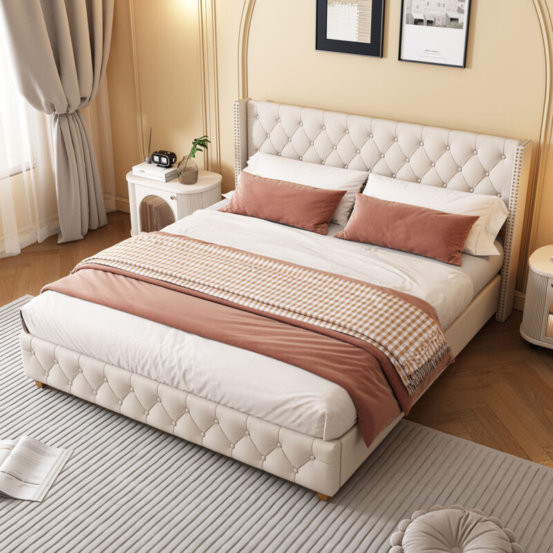 foto del prodotto letti matrimoniale, rete a doghe, gambe in legno, senza materasso, letti per adulti, lino, 140x190cm, beige