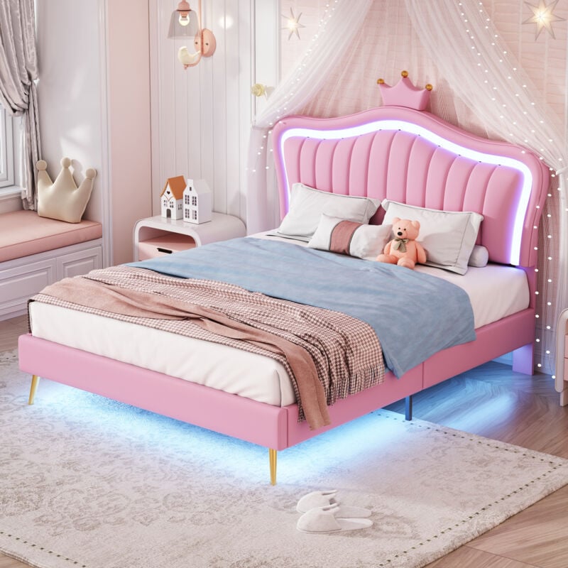 foto del prodotto letti matrimoniali per adulti bambini 140x200 cm, testiera con modanatura a corona, led, rete a doghe, pu, senza materasso, rosa