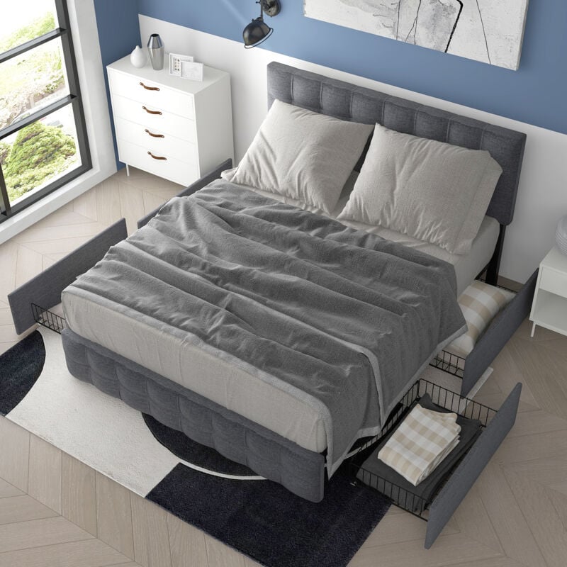 foto del prodotto letti per adulti 140x200 cm, letti con 4 cassetti, letti matrimoniale, testiera regolabile in altezza, biancheria, senza materasso, grigio