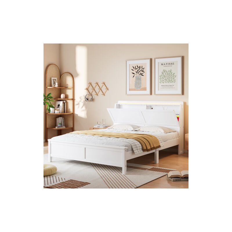 foto del prodotto letti per adulti 140x200cm letti matrimoniale, comodino con spazio contenitore, legno e mdf, senza materasso, bianco