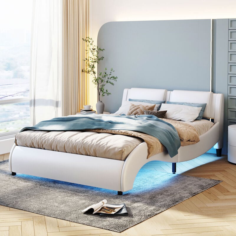 foto del prodotto letti per adulti 140x200cm letti singolo con led, design a onde, rete a doghe, pu, senza materasso, bianco