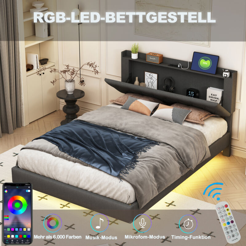 foto del prodotto letti per adulti 140x200cm testiera matrimoniale con spazio contenitore, usb e led che cambia colore, lino, senza materasso, grigio