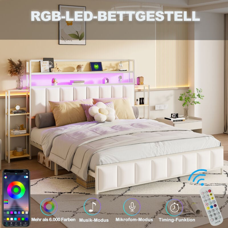 foto del prodotto letti per adulti 160x200cm, con pi ripiani portaoggetti, spazio portaoggetti nella testiera, led, metallo e similpelle, bianco, senza materasso