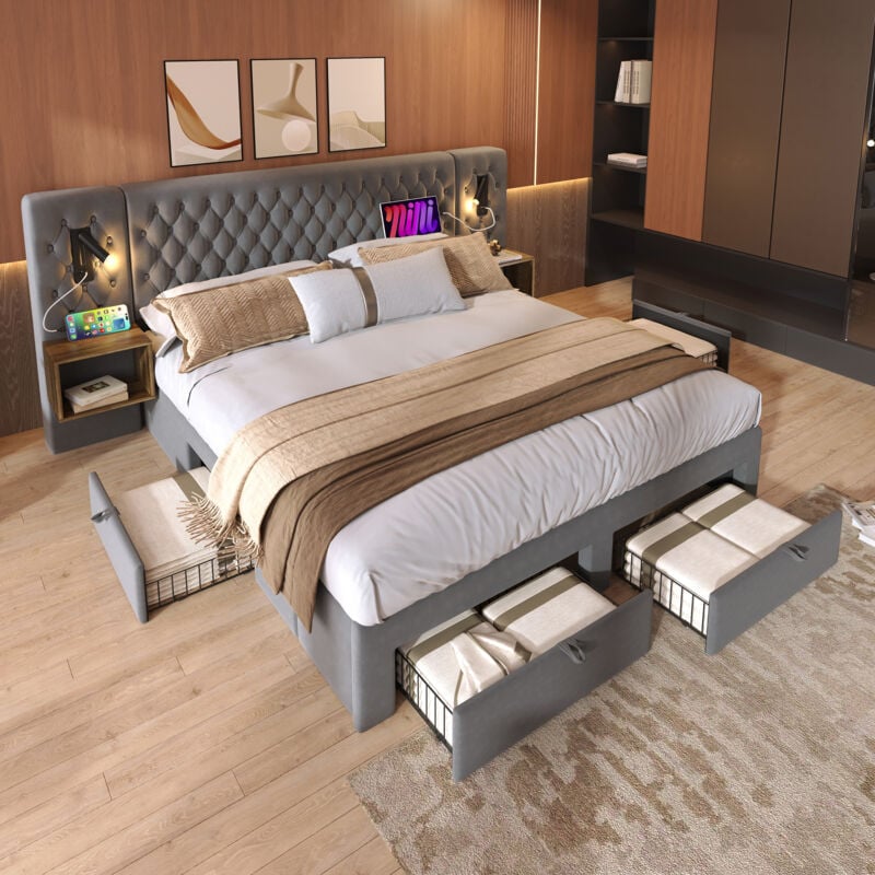foto del prodotto letti per adulti 180 x 200 cm, 2 letti contenitore, 4 cassetti, luce di lettura ricaricabile tramite usb, velluto, letti matrimoniale, senza
