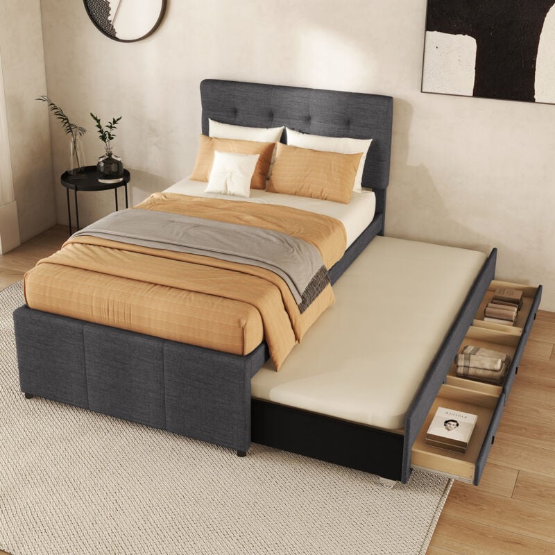 foto del prodotto letti per adulti 90 x 200 cm, letti matrimoniale estraibile imbottito, con 3 cassetti, testiera regolabile in altezza, senza materasso, grigio