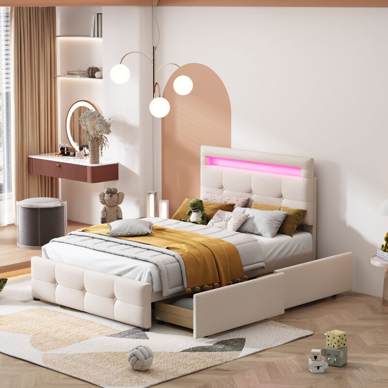 foto del prodotto letti per adulti 90 x 200 cm, letto con cassetti con led, 2 cassetti, lino, letto singolo, letto per ragazzi, senza materasso, beige