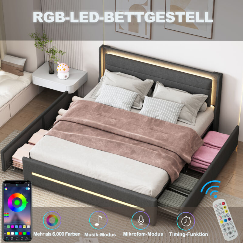 foto del prodotto letti per adulti imbottito, led, con 4 vani contenitore, lino, letto matrimoniale, senza materasso, grigio, 160x200cm