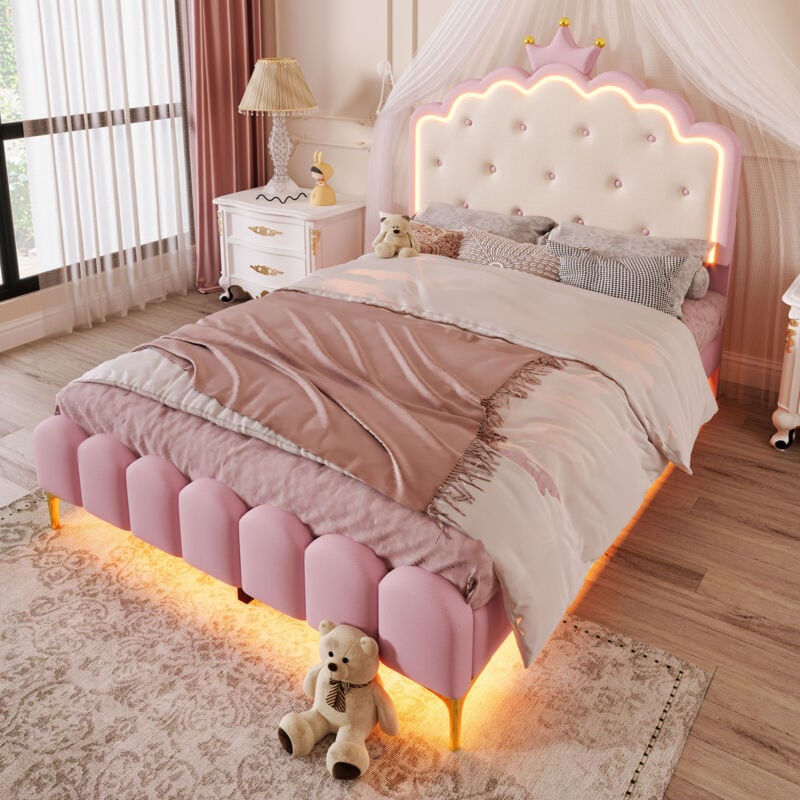 foto del prodotto letti per adulti, letto imbottito con luce d atmosfera con telecomando, pu, senza materasso, rosa, letto matrimoniale 140x200 cm