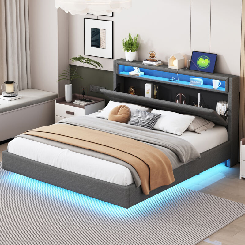 foto del prodotto letti per adulti, letto matrimoniale, usb, led, testiera con contenitore, lino 160x200 cm, grigio, senza materasso