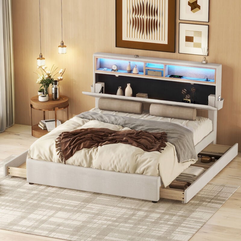 foto del prodotto letti per adulti, letto matrimoniale, usb, led, testiera con contenitore, lino 4 cassetti, 140x200 cm, testiera regolabile, beige, senza materasso