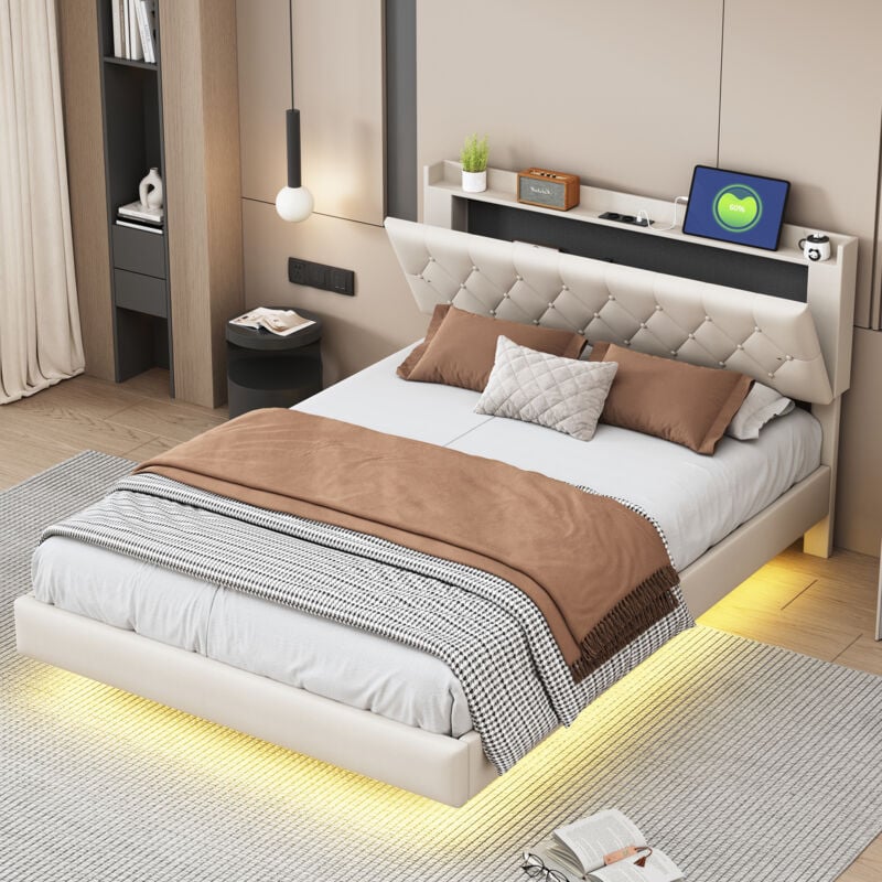 foto del prodotto letti per adulti,porta di carico usb, led a cambio colore, letto matrimoniale 140x200 cm, lino, beige, senza materasso