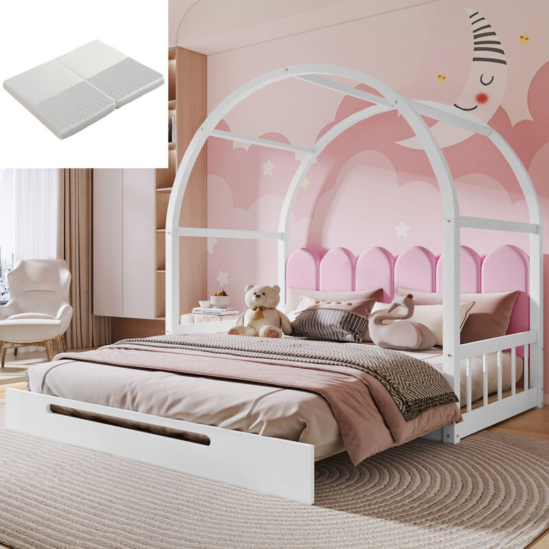 foto del prodotto letti per bambini 140x100 cm 140x200 cm, letti per adulti, letti matrimoniale, letti estraibile, struttura in pino, velluto, rosa, con materasso a