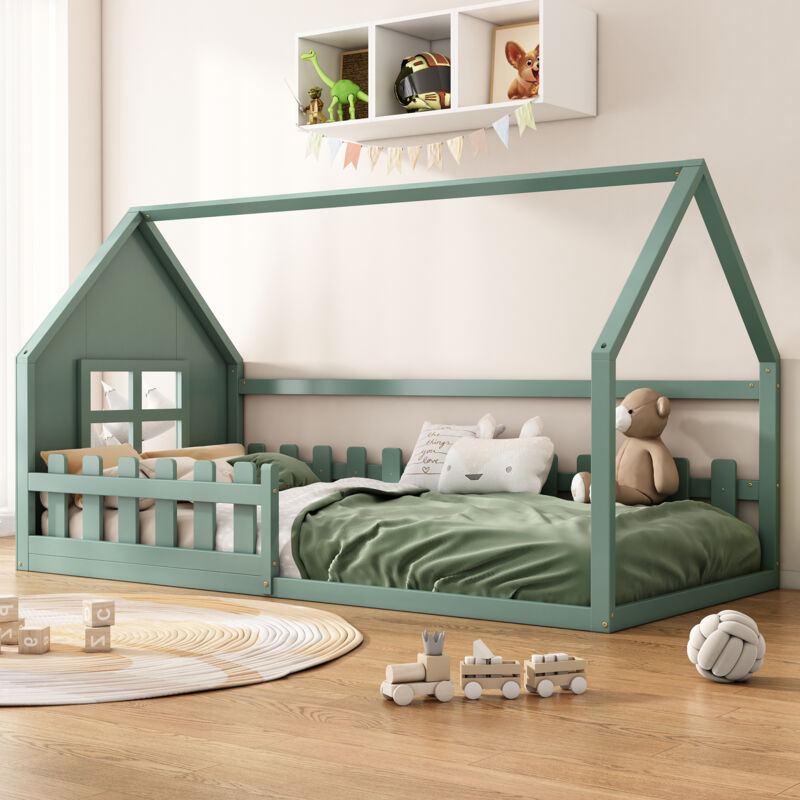 foto del prodotto letti per bambini 90x200 cm, letti a castello, a forma di casa, barriera di sicurezza, rete a doghe, pino mdf, senza materasso, verde