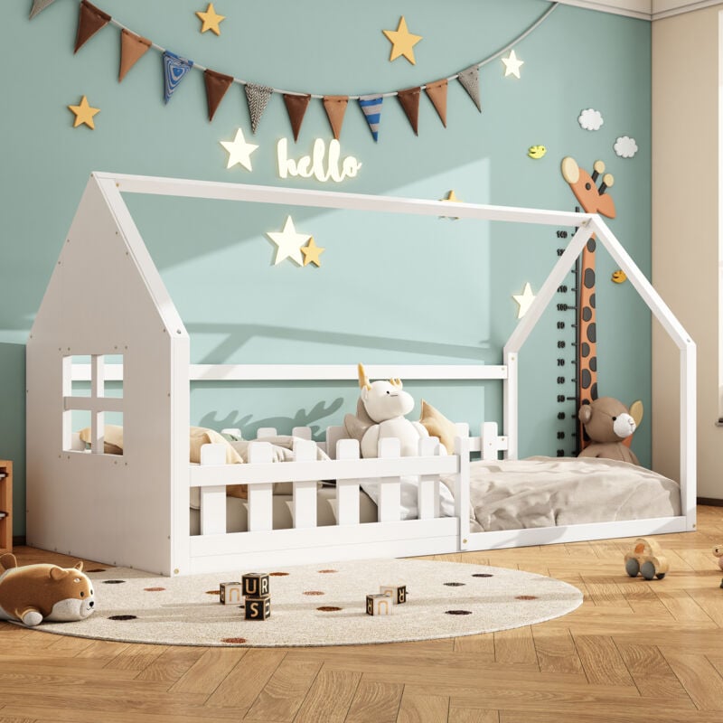 foto del prodotto letti per bambini 90x200 cm, letti a soppalco, a forma di casa, barriera di sicurezza, rete a doghe, pino mdf, senza materasso, bianco