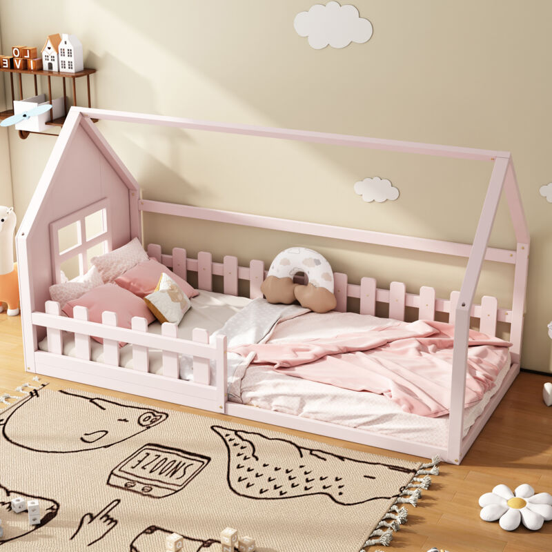 foto del prodotto letti per bambini 90x200 cm, letti a soppalco, a forma di casa, barriera di sicurezza, rete a doghe, pino mdf, senza materasso, rosa