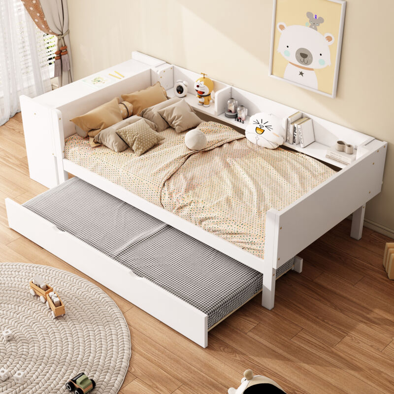 foto del prodotto letti per bambini 90x200 cm, letti singolo adulto ragazzo, letti estraibile, con scrivania, 3 vani portaoggetti accanto al letti, senza materasso,