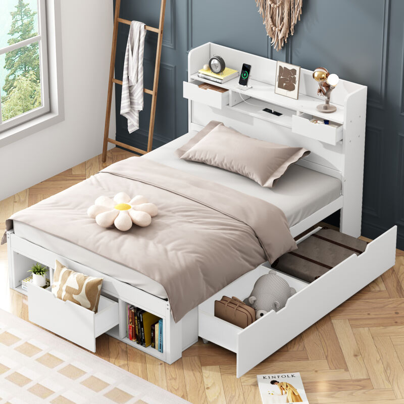 foto del prodotto letti per bambini con cassetti 90x200 cm, usb, senza materasso, bianco, letti singoli, rete a doghe