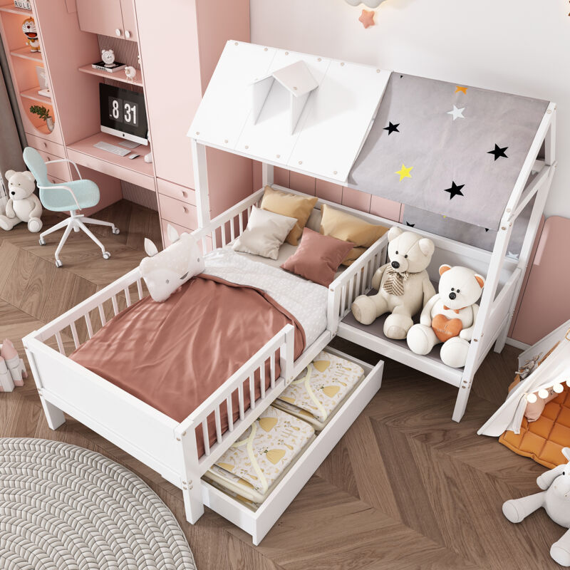 foto del prodotto letti per bambini con cassetti 90x200cm, letto a casetta, in legno, senza materasso, bianco, letti singoli