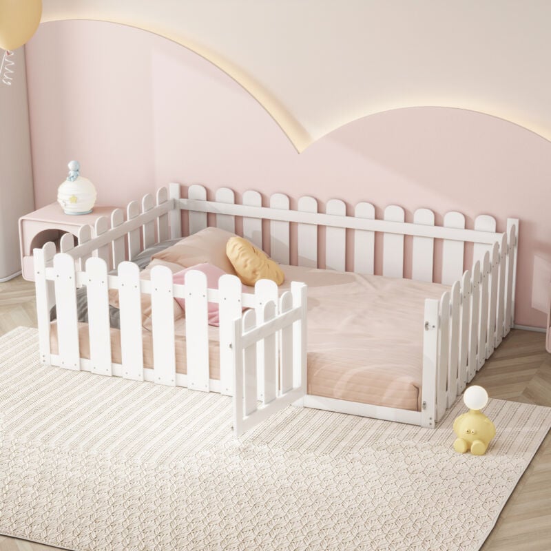 foto del prodotto letti per bambini, struttura in legno con rete di sicurezza e porta, letto a soppalco, letto matrimoniale 140 x 200 cm, bianco