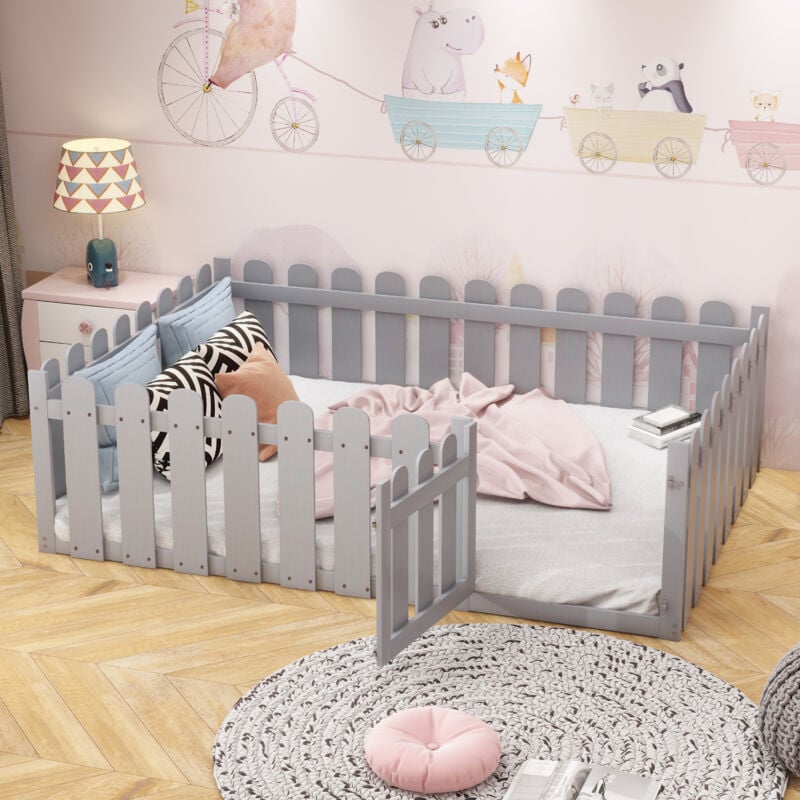foto del prodotto letti per bambini, struttura in legno con rete di sicurezza e porta, letto a soppalco, letto matrimoniale 140 x 200 cm, grigio