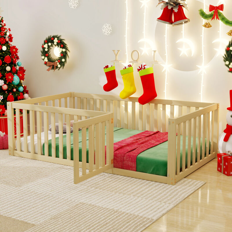 foto del prodotto letti per bambini, struttura in legno con rete di sicurezza e porta, letto a soppalco, letto singolo 90 x 200 cm, naturale