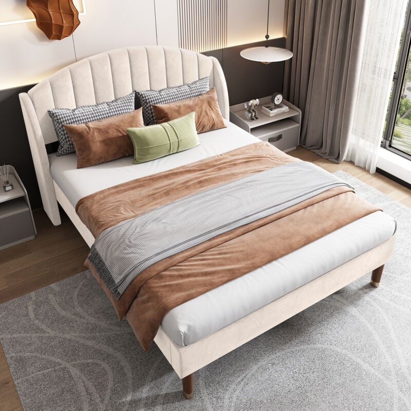 foto del prodotto letti singoli 140x190cm letti per bambini adulti con testiera arcuata, rete a doghe, velluto, senza materasso, beige