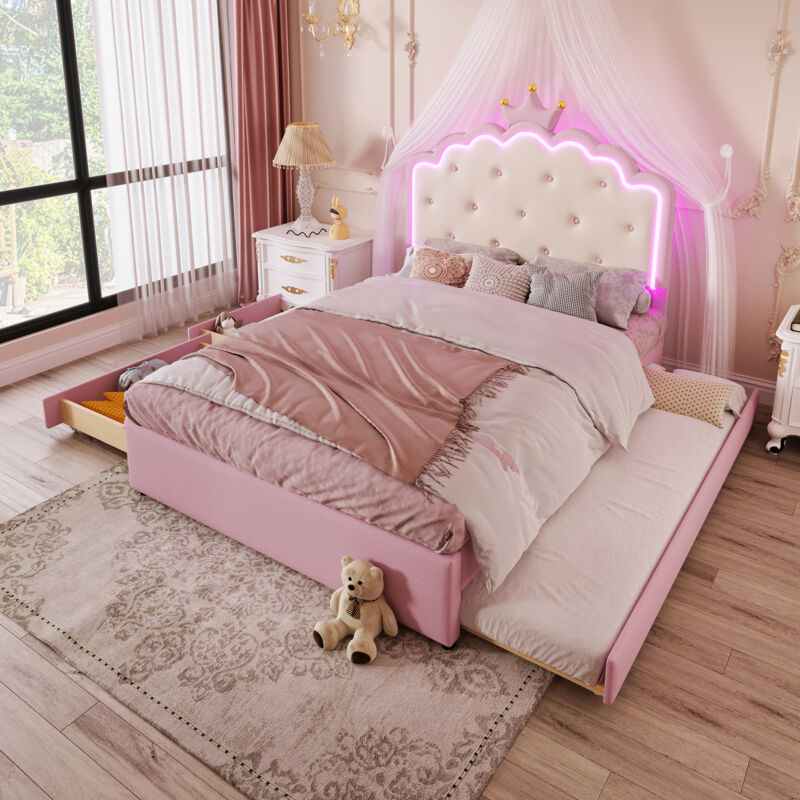 foto del prodotto letti singoli 140x200cm con letti estraibile, con 2 cassetti, letti per bambini adulti, led con telecomando, testiera con modanatura a corona, pu,