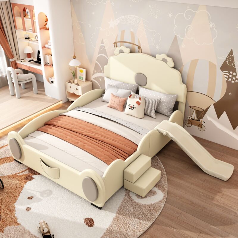 foto del prodotto letti singoli 140x200cm letti per bambini, a forma di orso dei cartoni animati, con scivolo e 2 gradini, pu, senza materasso, beige