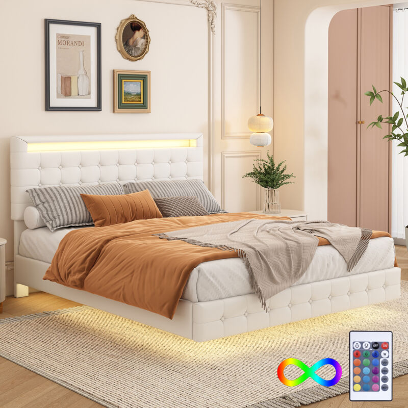 foto del prodotto letti singoli 140x200cm, letti per bambini adulti con telecomando led, testiera regolabile, pu senza materasso, bianco