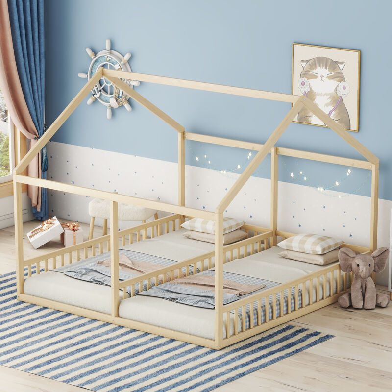 foto del prodotto letti singoli 90 x 200 cm, letti piani, modellini di case, letti per bambini, letti 2 in 1, naturali okwish