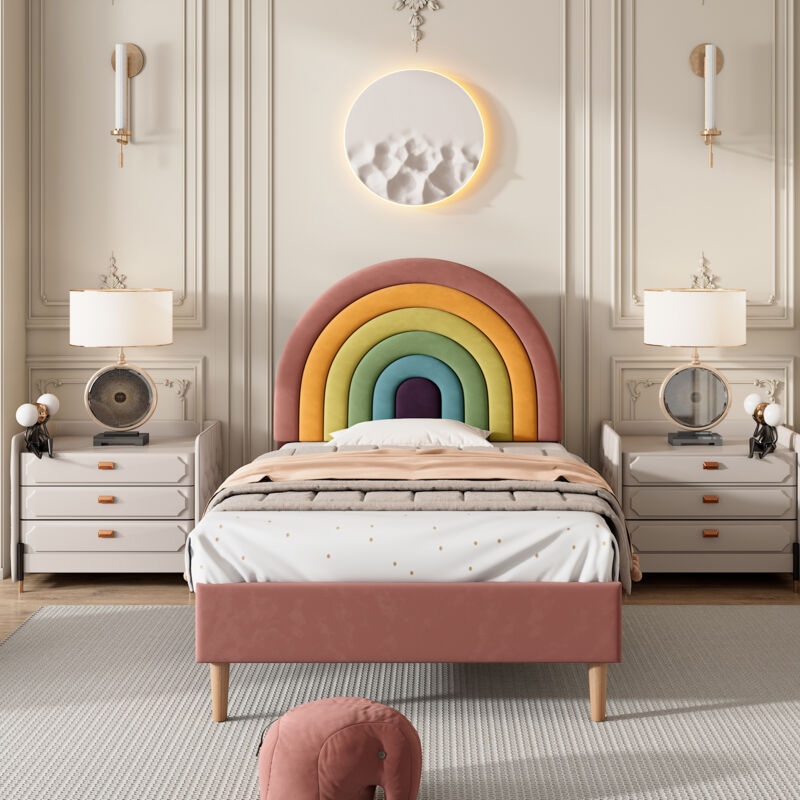 foto del prodotto letti singoli 90x200 cm letti per bambini, testiera arcobaleno regolabile, rete a doghe, velluto, senza materasso, rosa