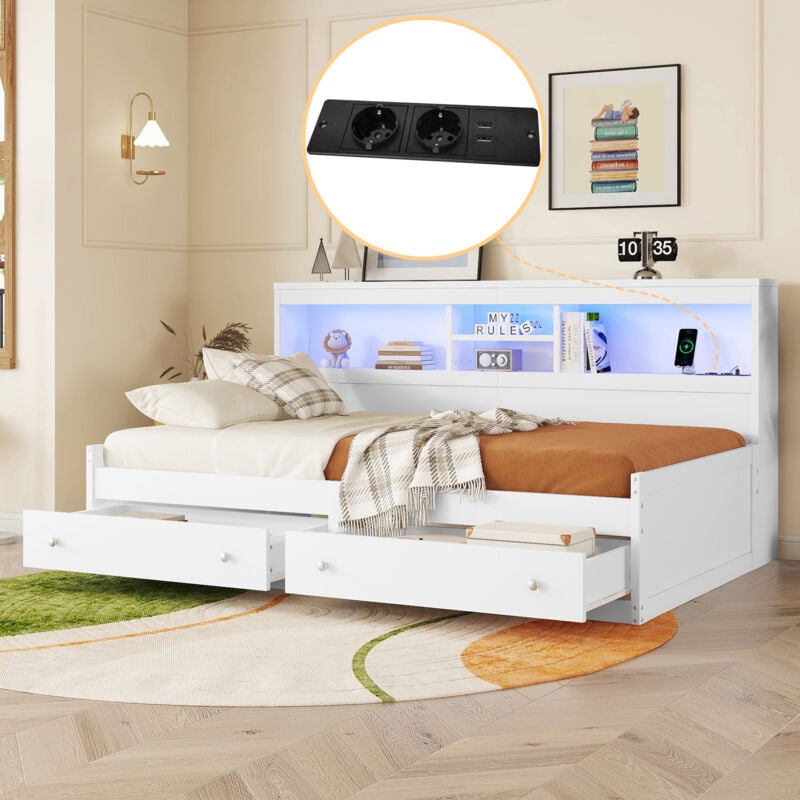 foto del prodotto letti singoli 90x200cm con 2 cassetti, divano letti per bambini, ripiano portaoggetti sul comodino con led, con 2 prese usb e 2 prese di ricarica,
