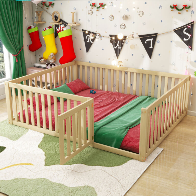 foto del prodotto letti singoli 90x200cm letti per bambini con recinzione e porta, struttura letti a terra, letti matrimoniale, legno, senza materasso, colore legno