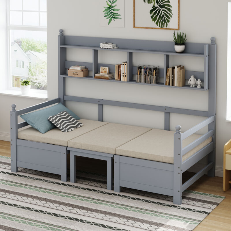 foto del prodotto letti singoli per adulti bambini 90x200cm, con ripiani aperti, trasformabile in sedia e tavolo, multifunzionale, in legno, senza materasso, grigio