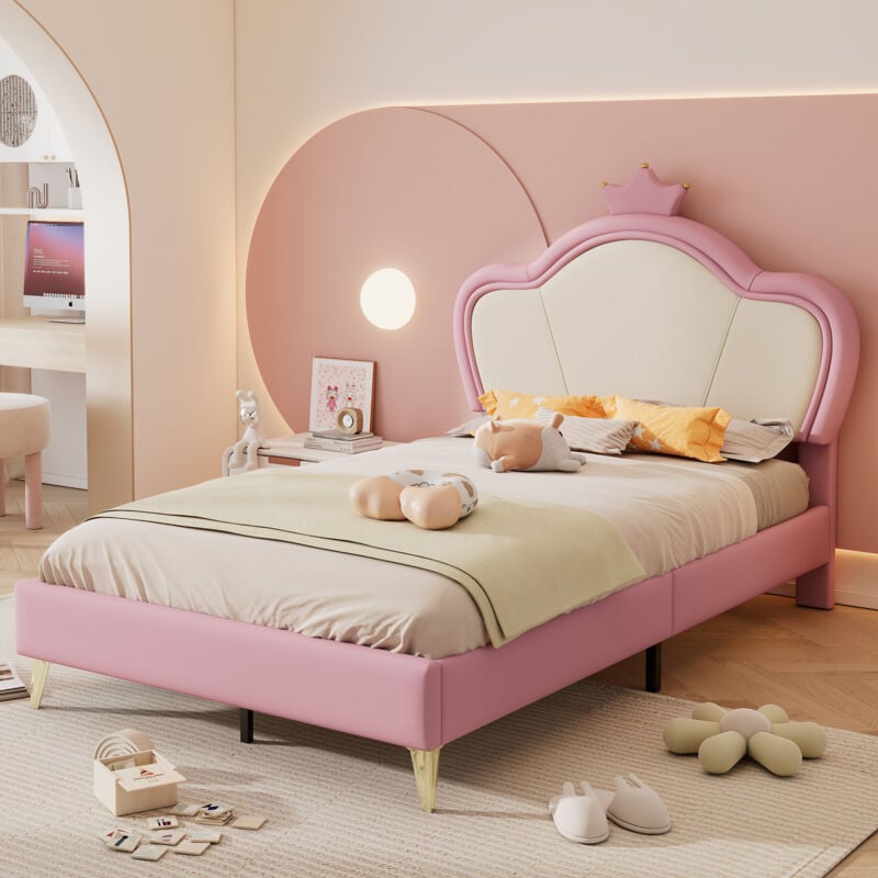 foto del prodotto letti singoli per bambini 90x200 cm, testiera a forma di corona, gambe in metallo, pu, senza materasso, rosa bianco