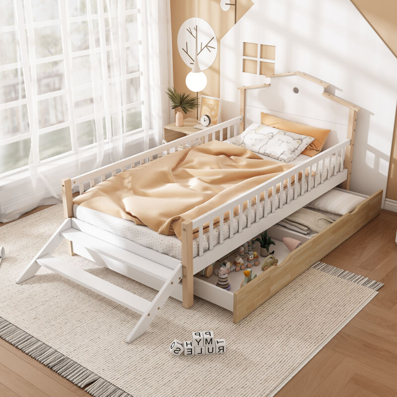 foto del prodotto letti singoli per bambini 90x200cm, con cassetto, anticaduta, scaletta, letto per ragazzi, pino mdf, colore bianco naturale