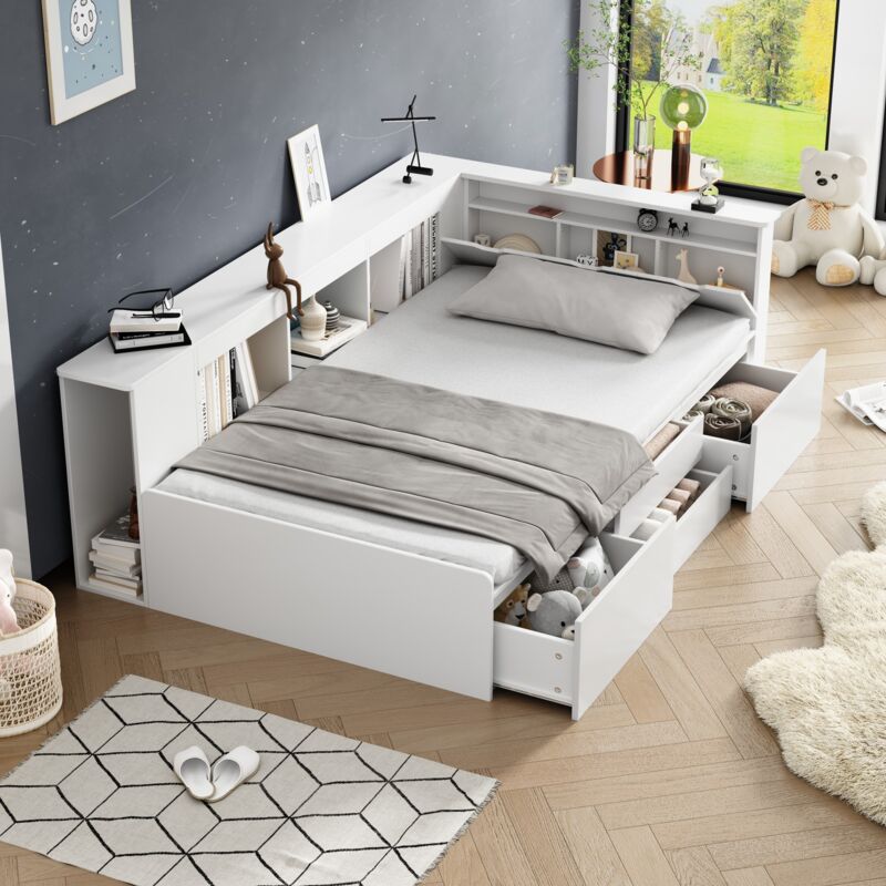 foto del prodotto letti singoli per bambini 90x200cm con spazio contenitore e 4 cassetti. vano portaoggetti aperto, multifunzionale, mdf, senza materasso, bianco