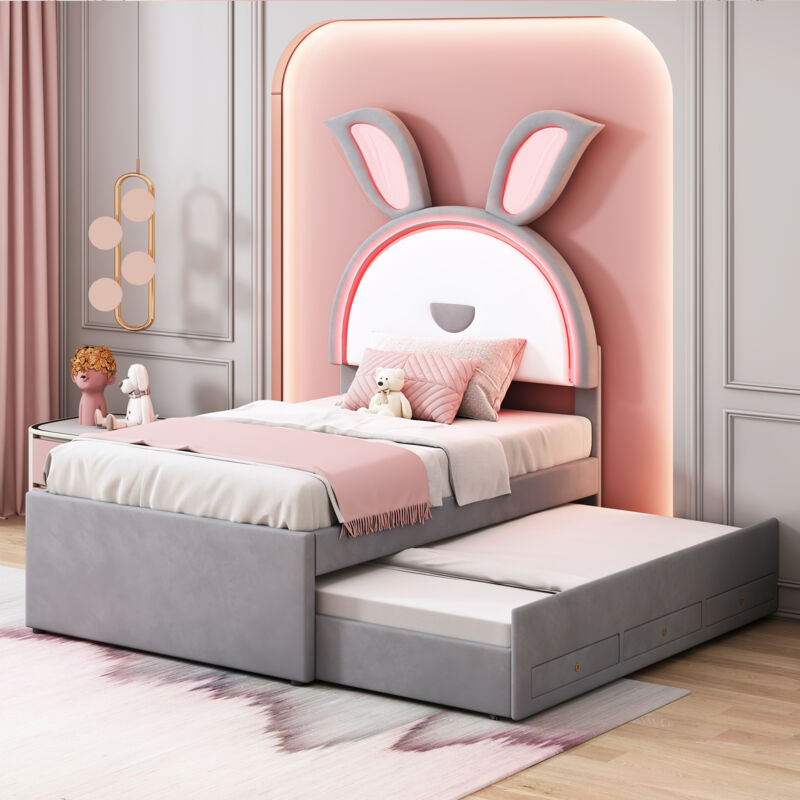foto del prodotto letti singolo 90x200cm 90x190cm con letti estraibile e 3 cassetti, testiera a forma di coniglio, led, velluto,senza materasso, grigio