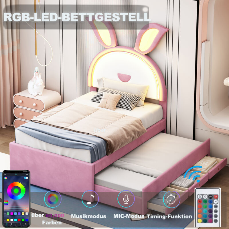 foto del prodotto letti singolo 90x200cm 90x190cm con letti estraibile e 3 cassetti, testiera a forma di coniglio, led, velluto,senza materasso, rosa