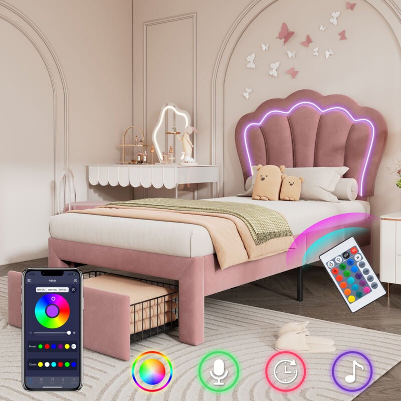 foto del prodotto letti singolo 90x200cm, letti imbottito adulto bambino, led, testiera regolabile, letti con cassetto, velluto, senza materasso, rosa