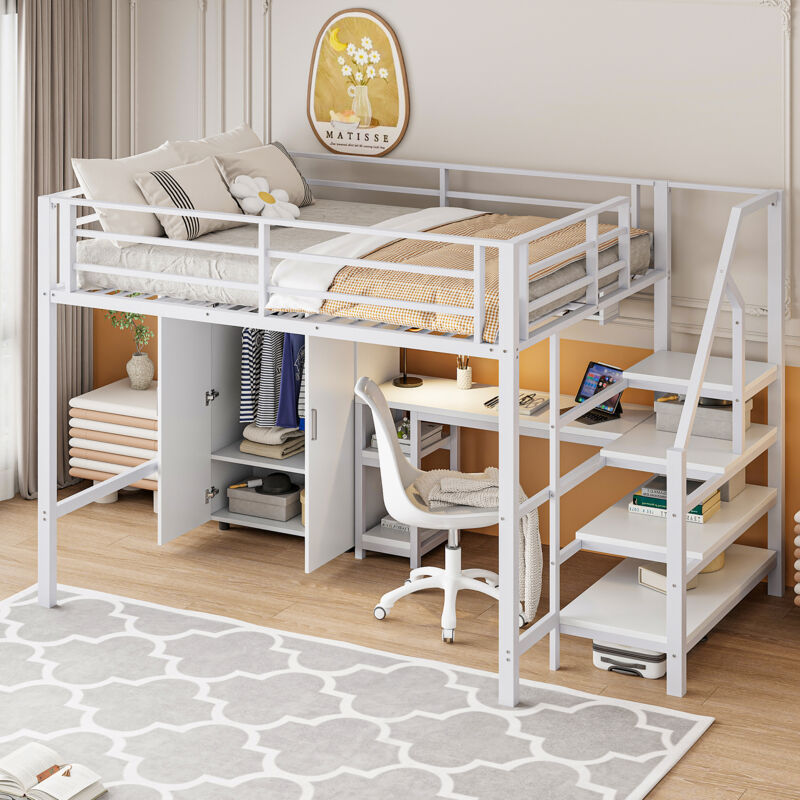 foto del prodotto letti singolo a soppalco 140x200cm adulti bambini, con armadio scrivania scale di sicurezza, metallo, senza materasso, bianco