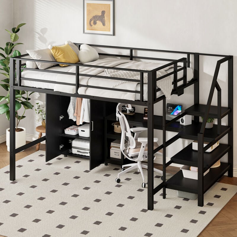 foto del prodotto letti singolo a soppalco 140x200cm adulti bambini, con armadio scrivania scale di sicurezza, metallo, senza materasso, nero