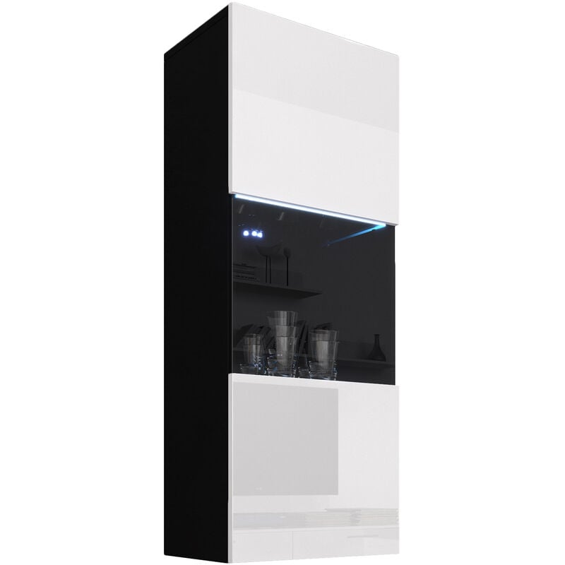 foto del prodotto lettiemobili vetrina sospesa con led mobile soggiorno vetrinetta pensile 1 ante salotto sala da pranzo 40x126x29cm modello nora v3 nero e bianco